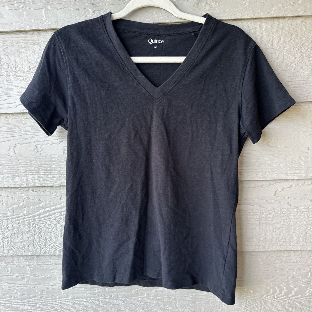 Quince Women's Med 100% Organic Cotton Slub V-Neck Minimalist Black Tee Preppy